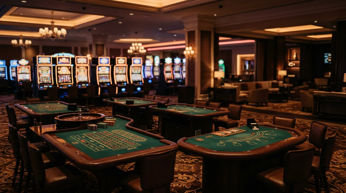Architektonická vizualizace elegantního herního sálu kamenného kasina se stoly pro ruletu a blackjack